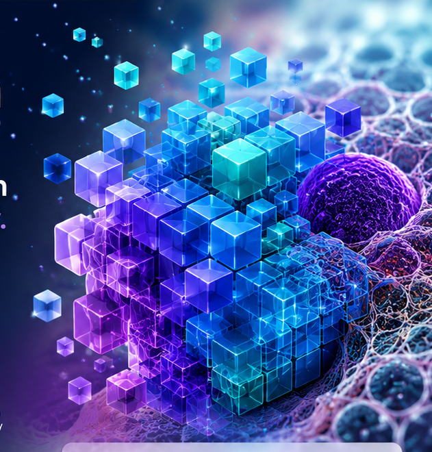 Glowing voxels assembling over a microscopic biological structure